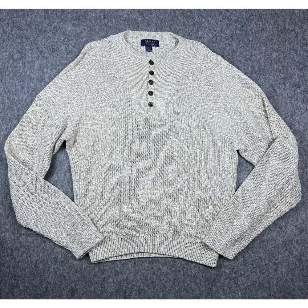 Vtg NEO Northeast Outfitters Men's Knit Henley Sweater Oatmeal Made in USA 2XL